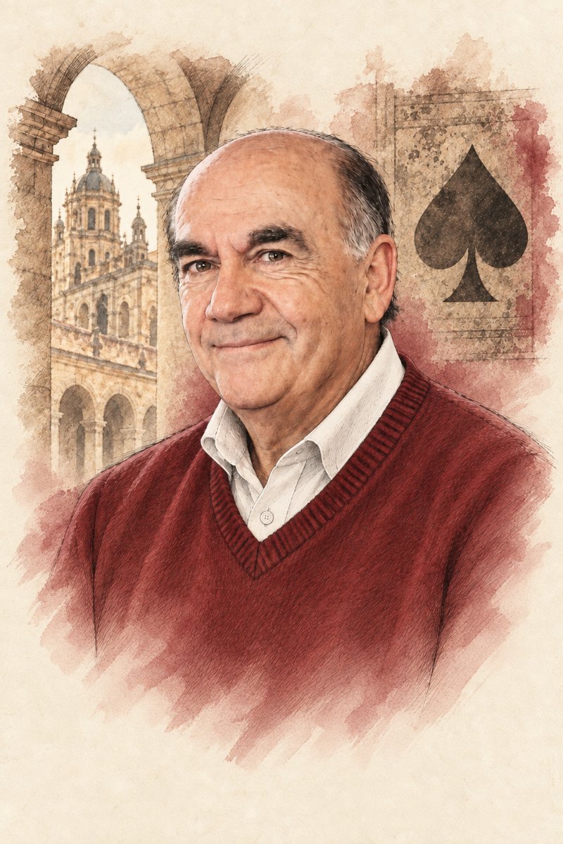 Retrato a acuarela de José Luis Sánchez Iglesias, con jersey granate, ante un arco de Salamanca y un naipe de espadas